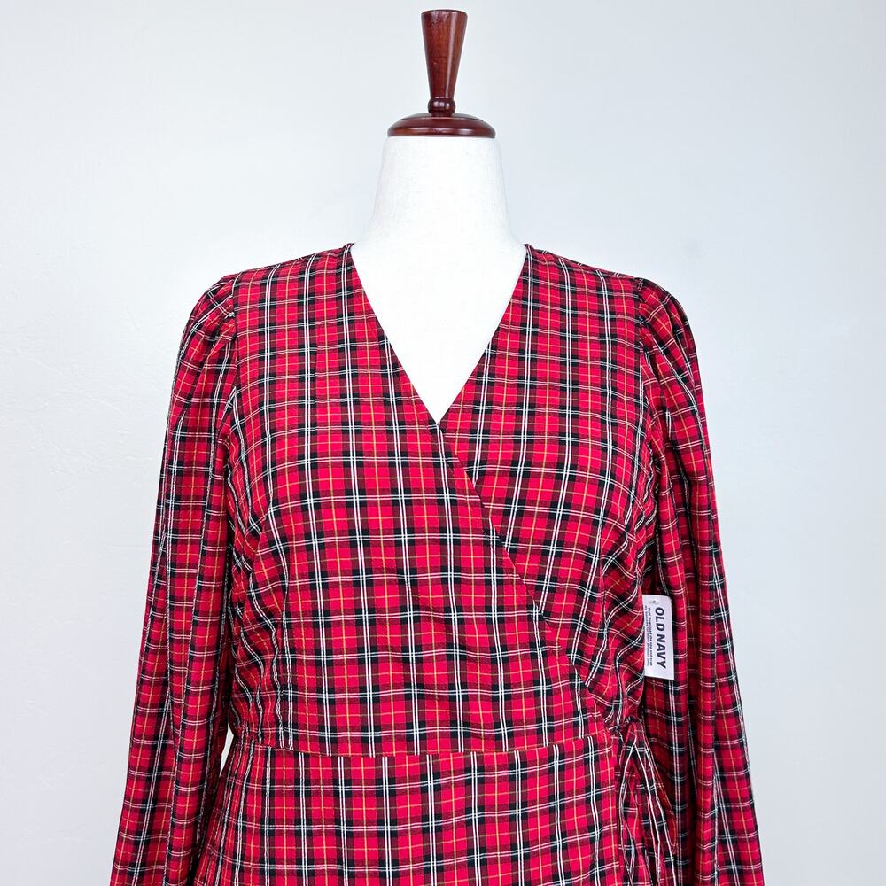 Old Navy XL Red Tartan Plaid V-Neck Wrap Long Sleeve Holiday Mini Dress NWT - Picture 5 of 13